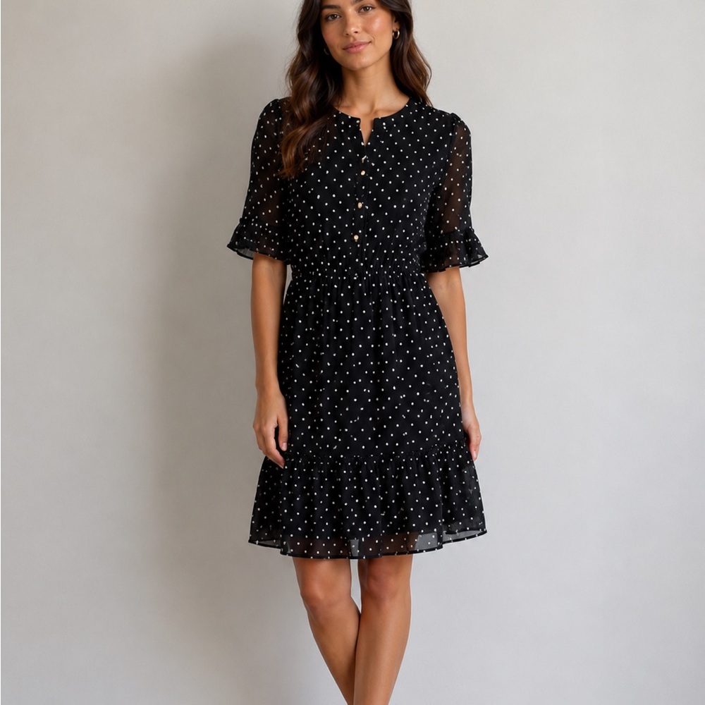 Black Polka Dot Midi Dress with Button Front